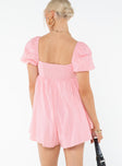 Playsuit Puff sleeves, elasticated shoulders, ruched back band, invisible zip fastening Non-stretch, fully lined