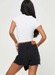 Wrap skort Button and zip front fastening, tie detail at side, branded patch on waistband, raw hem