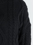 Black sweater Cable knit material Scoop neckline Drop shoulder Good stretch  Unlined