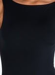 Black bodysuit Scooped neckline Low back High cut leg  Press clip fastening  Good stretch Fully lined 