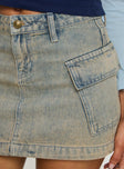 denim mini skirt hip pockets belt loops mid rise