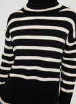  Turtle neck sweater Striped print, drop shoulder, ribbed hem & wrist cuffs, split hems at side Good stretch, unlined 