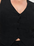 Black Linen vest top V-neckline, button closure, tie detail at back