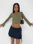 Khaki long sleeve top Ribbed knit material Off the shoulder design Flared sleeves Good stretch semi sheer