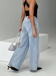 Low rise denim jeans, light wash denim Belt looped waist, zip & button fastening, classic five pocket design, wide leg Non-stretch material, unlined 