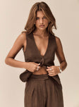 Brown Linen vest top V neckline, button closure, tie detail at back
