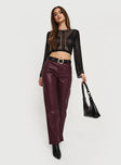 Faux leather pants Relaxed leg, zip & button fastening, twin hip pockets, belt loops at waist Non-stretch, unlined