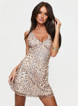 Leopard print mini dress, mesh material V neckline, fixed shoulder straps