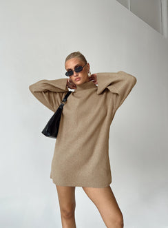 Long sleeve mini dress Ribbed knit material Turtle neck Drop shoulder