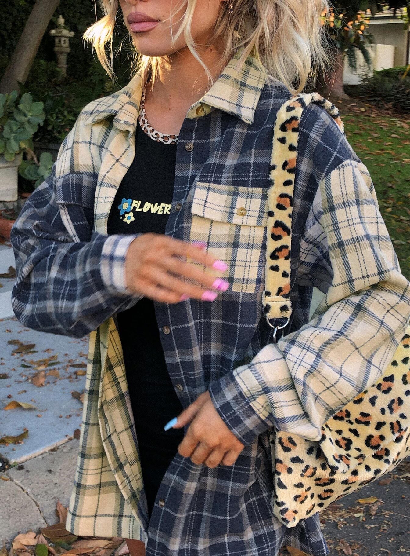 Oversized shirt Check print Button front fastening Twin chest pockets Single button on cuffs Drop shoulder