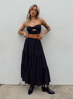 Black matching set Crop top Removable shoulder straps  Inner silicone strip at bust  Twisted bust  Cut out detail  Shirred back  Zip fastening  High waisted midi skirt  Elasticated waistband  Layered design 