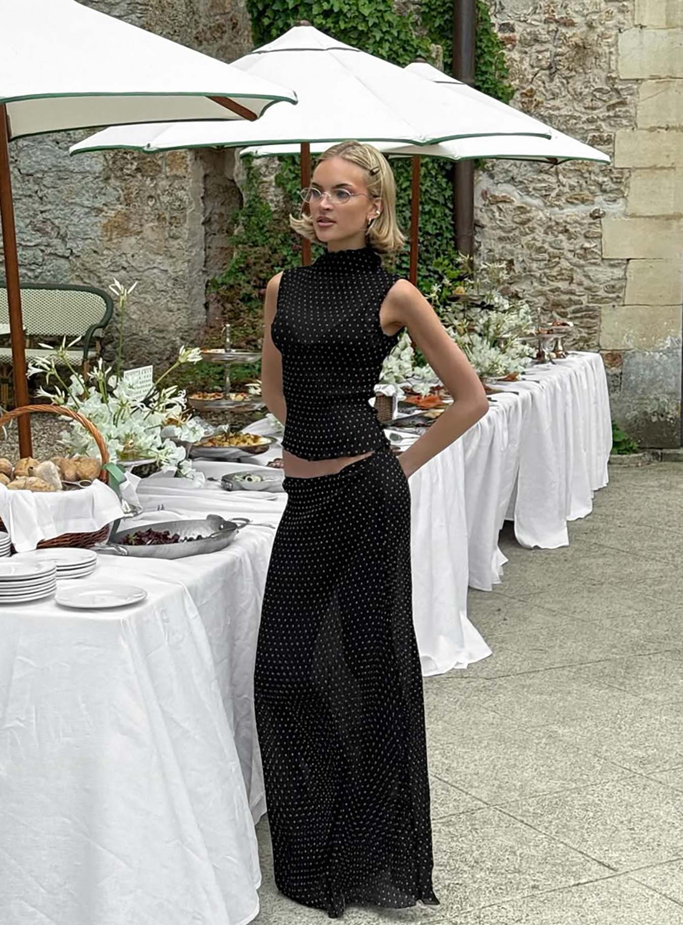 back view of model wearing Princess Polly Ford Maxi Skirt Onyx Polka Maxi 