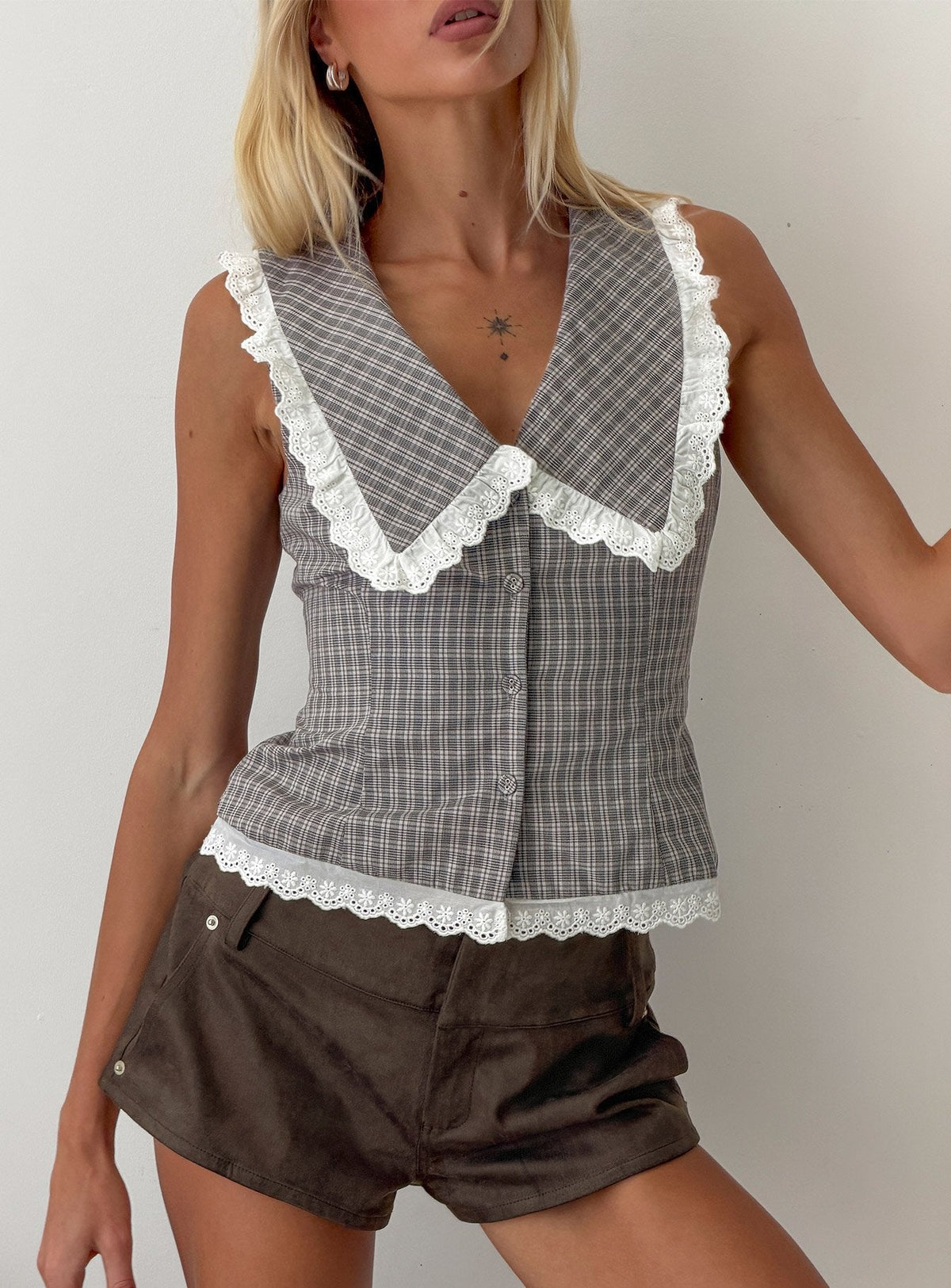 Mayci Collared Lace Trim Top Brown Check