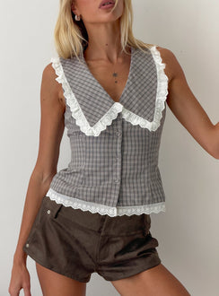 Mayci Collared Lace Trim Top Brown Check