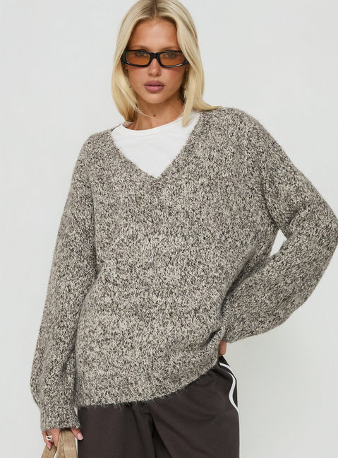 Ladiya V Neck Knit Sweater Brown Speckle