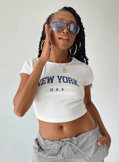 front view of model wearing Princess Polly New York Baby Tee White Short Sleeves Crew Neck 