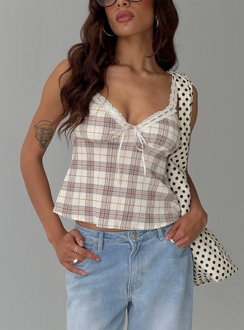 Pretty It Up Tie Detail Top Beige Check