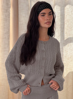 back view of model wearing Princess Polly Baleigh Cable Knit Cardigan Grey 