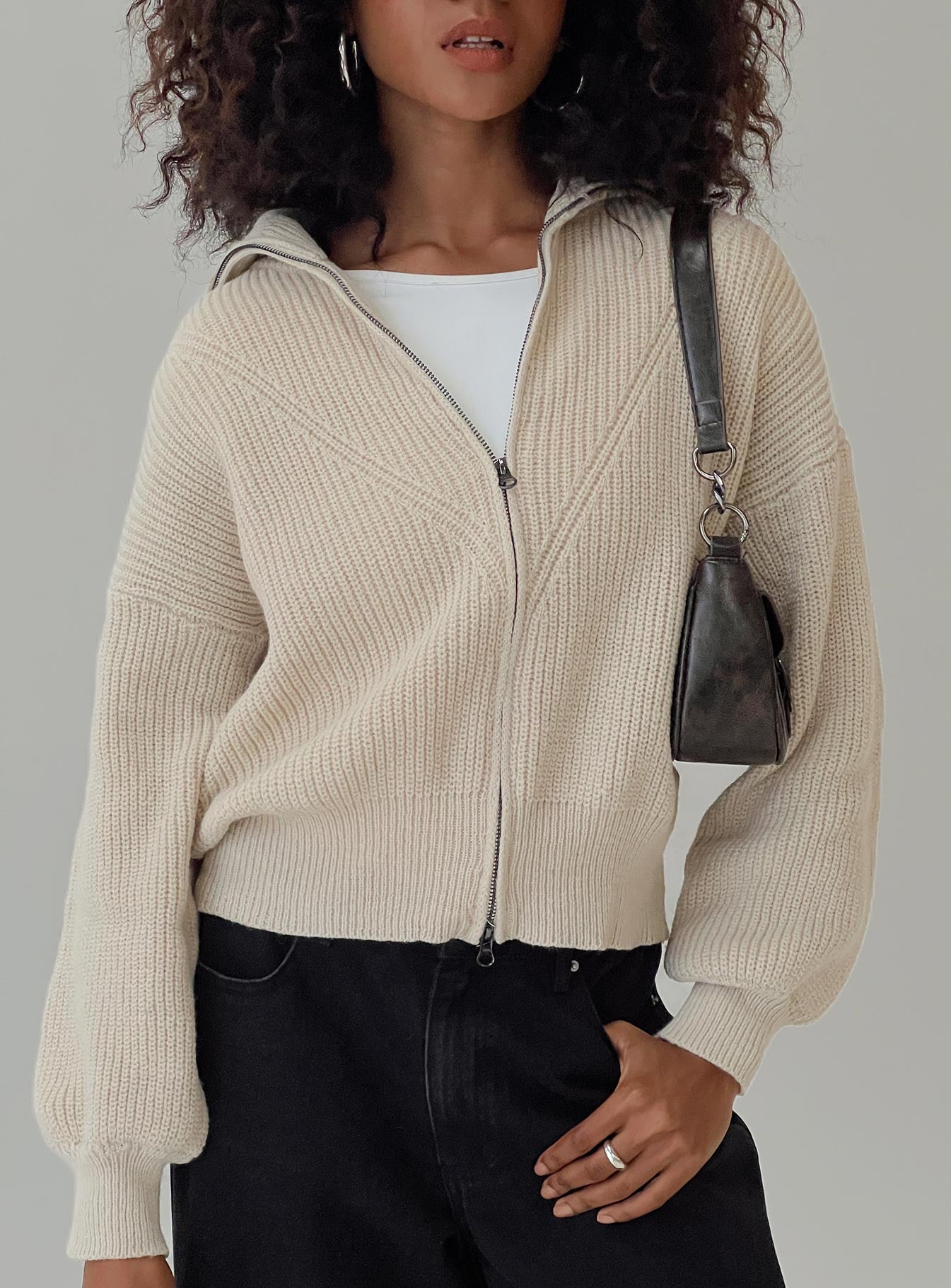 front view of model wearing Princess Polly Merivale Knit Sweater Beige Cropped 