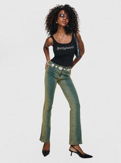 side view of model wearing Princess Polly Sandman Flare Jeans Antique Wash Mid Rise 