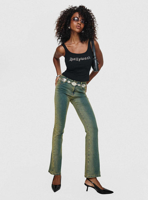 side view of model wearing Princess Polly Sandman Flare Jeans Antique Wash Mid Rise 