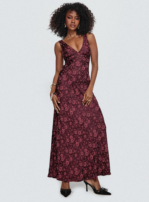 front view of model wearing Princess Polly Nell Jacquard Maxi Dress Burgundy V-Neck 
