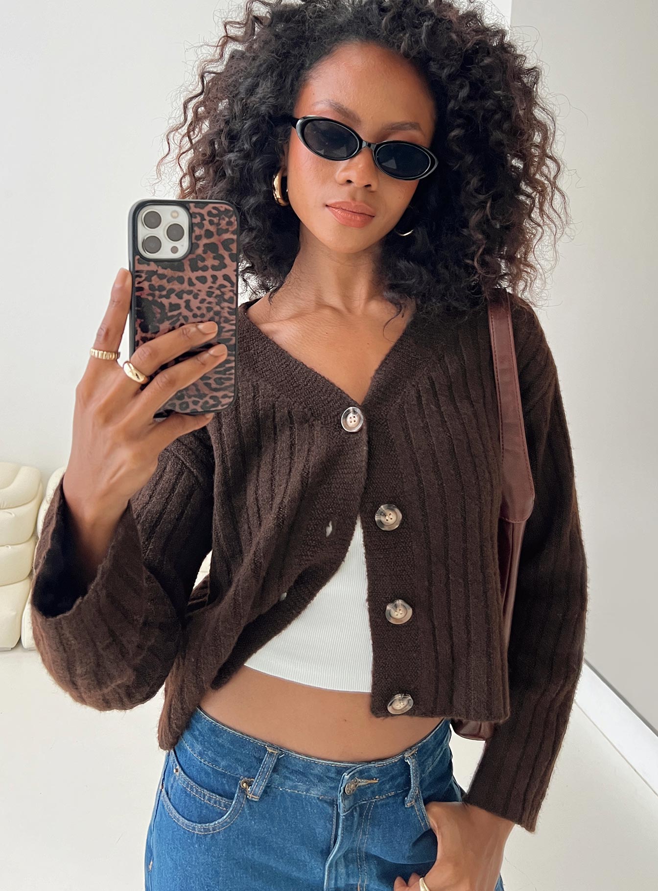 front view of model wearing Princess Polly Romona Knit Cardigan Chocolate Cropped 