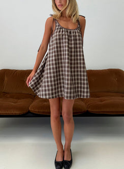 Lucka Babydoll Tie Mini Dress Brown Check