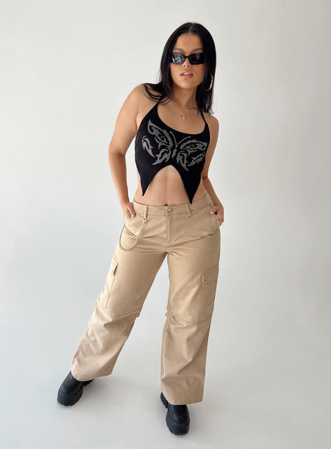 Front view of model wearing  front Princess Polly  Fallout Mid Rise Cargo Pants Beige