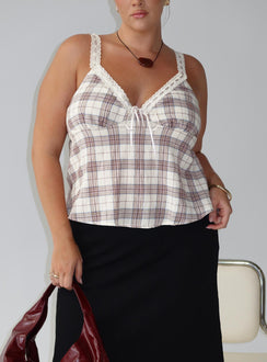 Pretty It Up Tie Detail Top Beige Check Curve