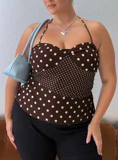 Marguerite Halter Top Brown Polka Curve