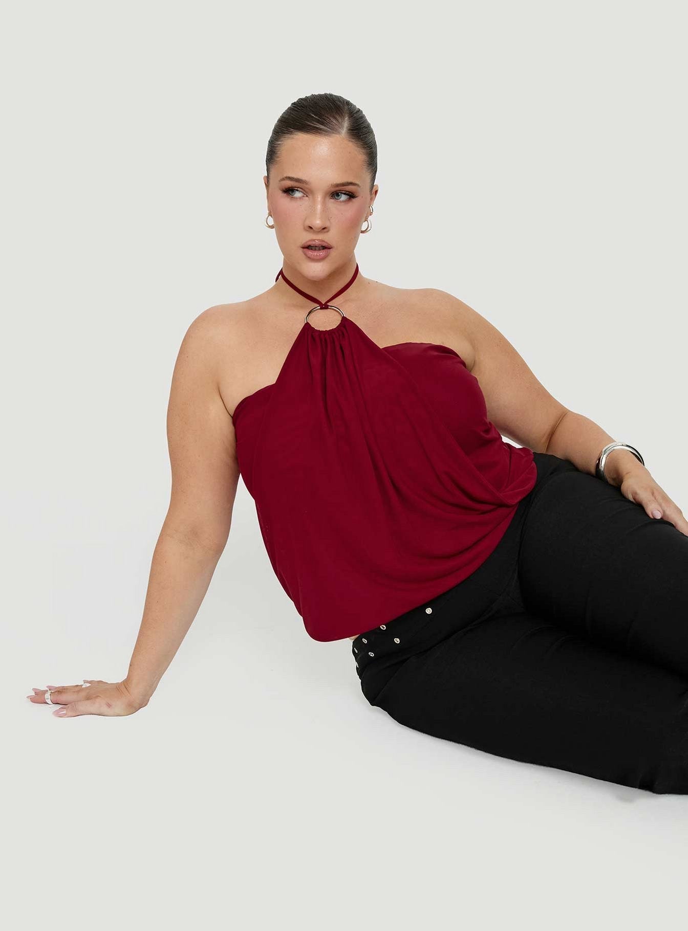Hedlea Draped Ring Detail Top Wine Curve