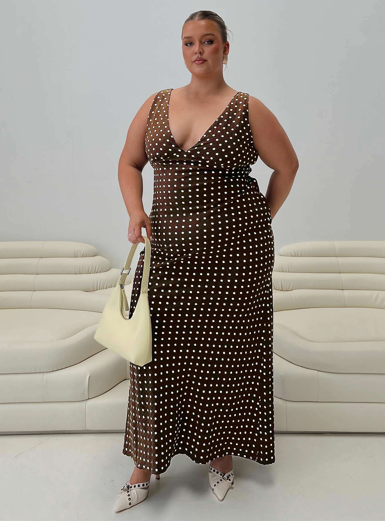 Nellie Maxi Dress Brown Polka Dot Curve | Princess Polly Nellie Maxi Dress Brown Polka Dot Curve | Princess Polly