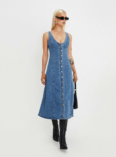 product Princess Polly V-Neck  Midler Denim Midi Dress Mid Blue