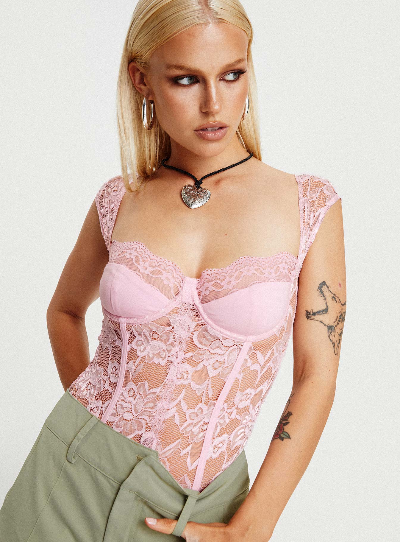 Pink bodysuit Bodysuit Slim fitting sheer lace material cap sleeve