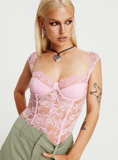 Pink bodysuit Bodysuit Slim fitting sheer lace material cap sleeve