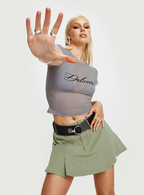 Green Mini skort Belt looped waist zip and button front fastening pleated hem built in shorts