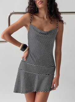 Laurela Asymmetrical Mini Dress Black / White Stripe