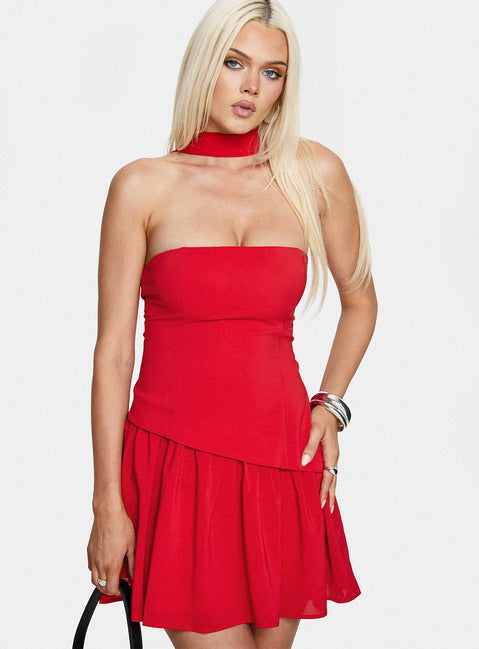 Odela Strapless Drop Waist Mini Dress Red
