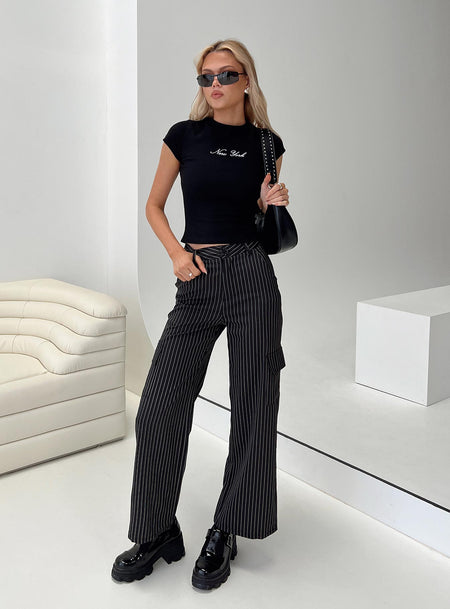Cargo Pants  Striped, high-waisted,  four pocket design, belt looped waist, wide leg  Button & zip fatsening at front 