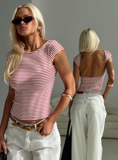 side view of model wearing Princess Polly Drives Me Crazy Backless Top Red Stripe Sleeveless Boat Neck 