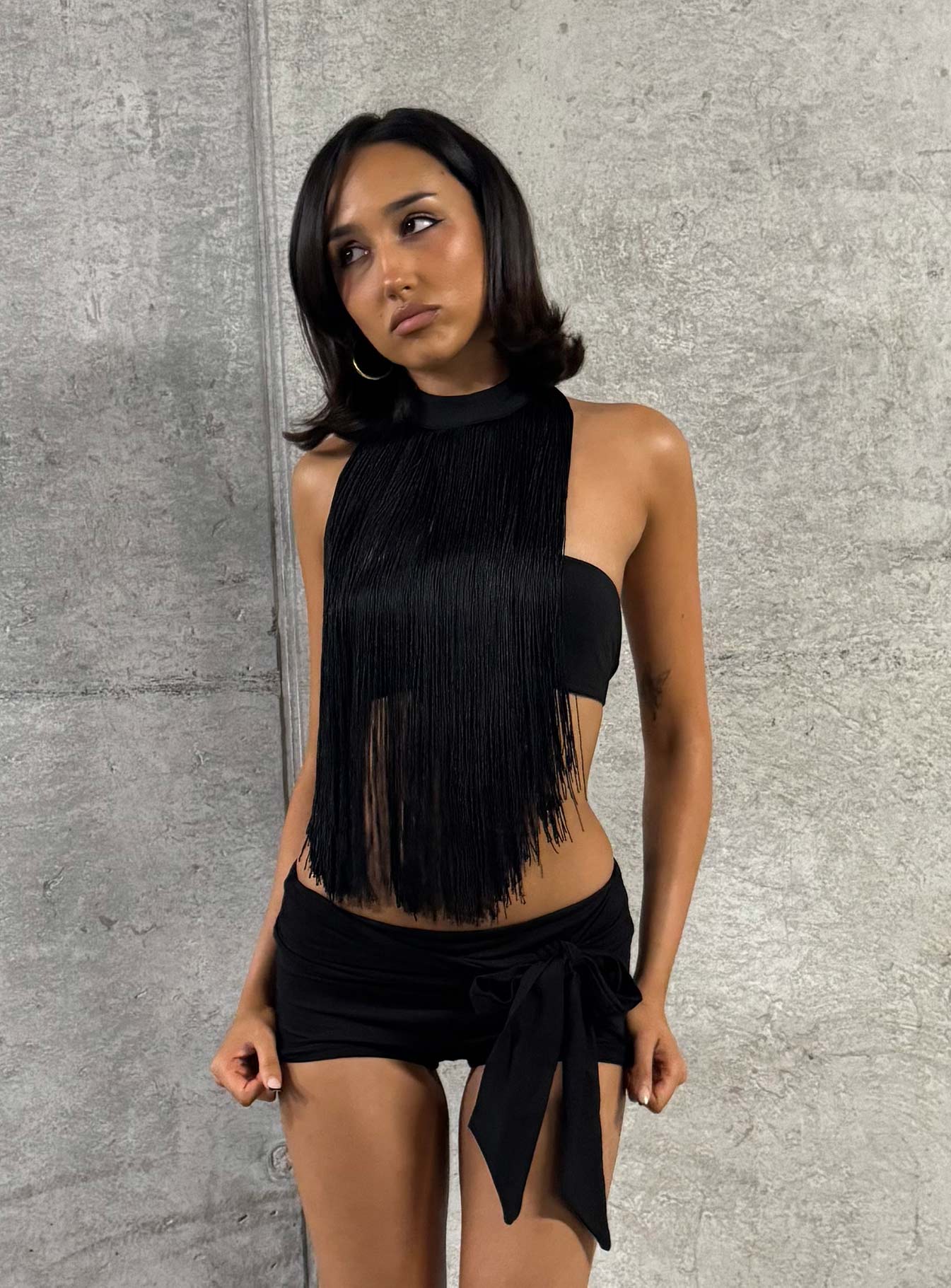 Zephyrine Fringe Asymmetrical Halter Top Black