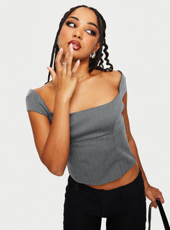 front view of model wearing Princess Polly Irie Top Grey Short Sleeves Square Neck 