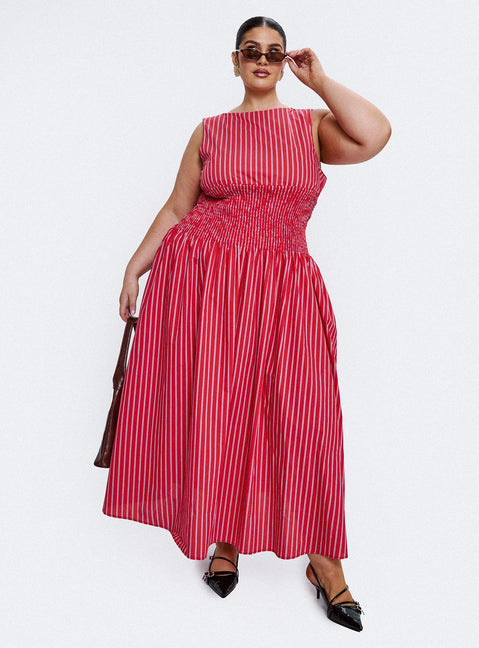 front view of model wearing Princess Polly Lilienne Cotton Poplin Maxi Dress Red Stripe Curve Crew Neck 