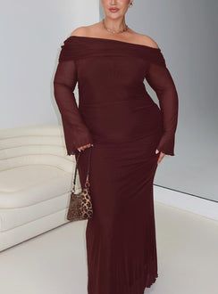 front view of model wearing Princess Polly Consideration Maxi Dress Chocolate Curve Straight Neck 