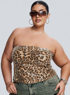 front view of model wearing Princess Polly Learn To Fly Strapless Sequin Top Leopard Curve Sleeveless straight 