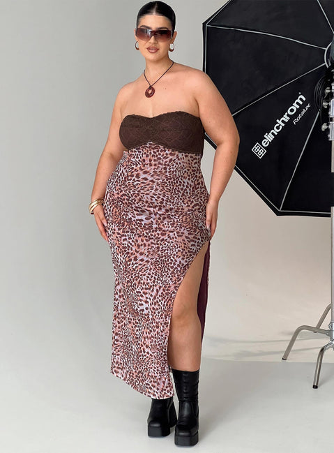 front view of model wearing Princess Polly Raidein Strapless Maxi Dress Leopard Curve Sweetheart Neckline 