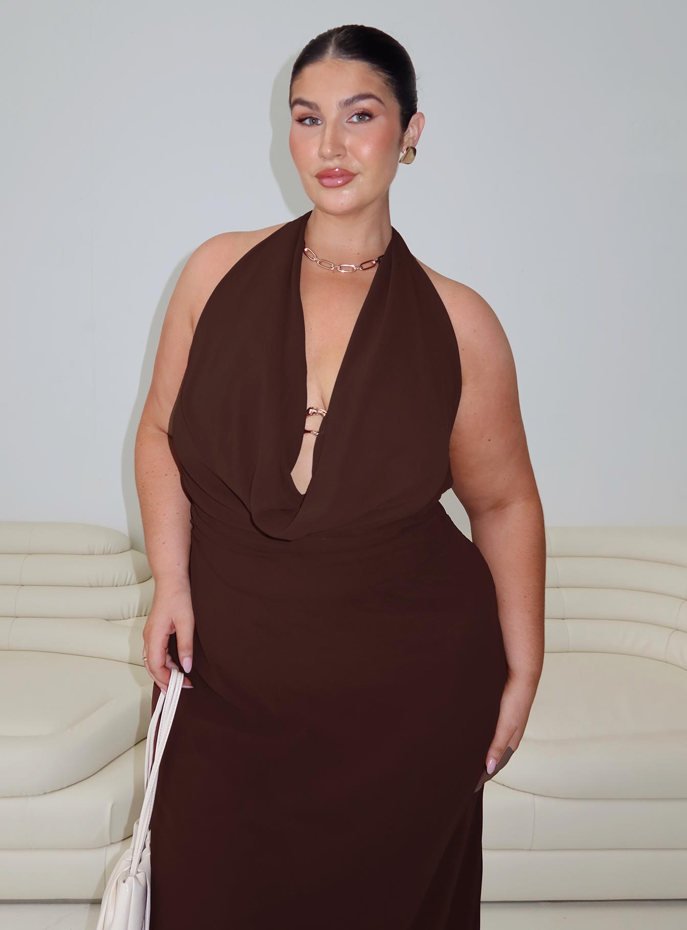 Alejandria Cowl Neck Maxi Dress Chocolate Curve | Princess Polly