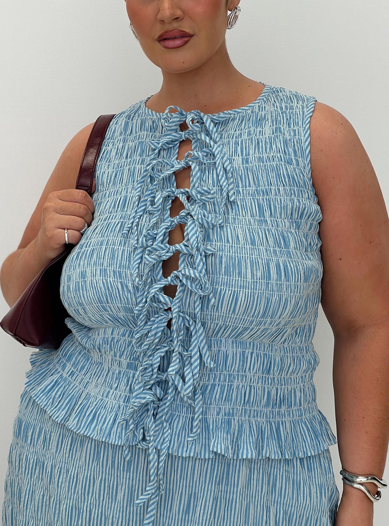 front view of model wearing Princess Polly Songbird Shirred Maxi Dress Blue Curve Crew Neck 