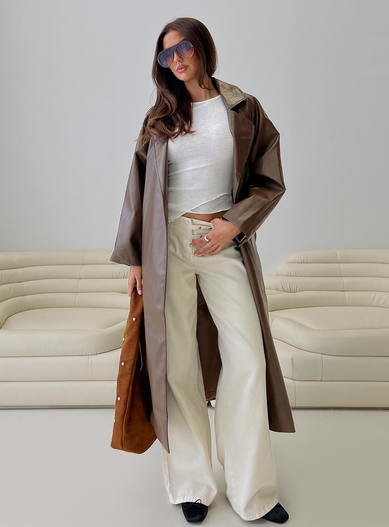 Dime A Dozen Faux Leather Trench Coat Brown